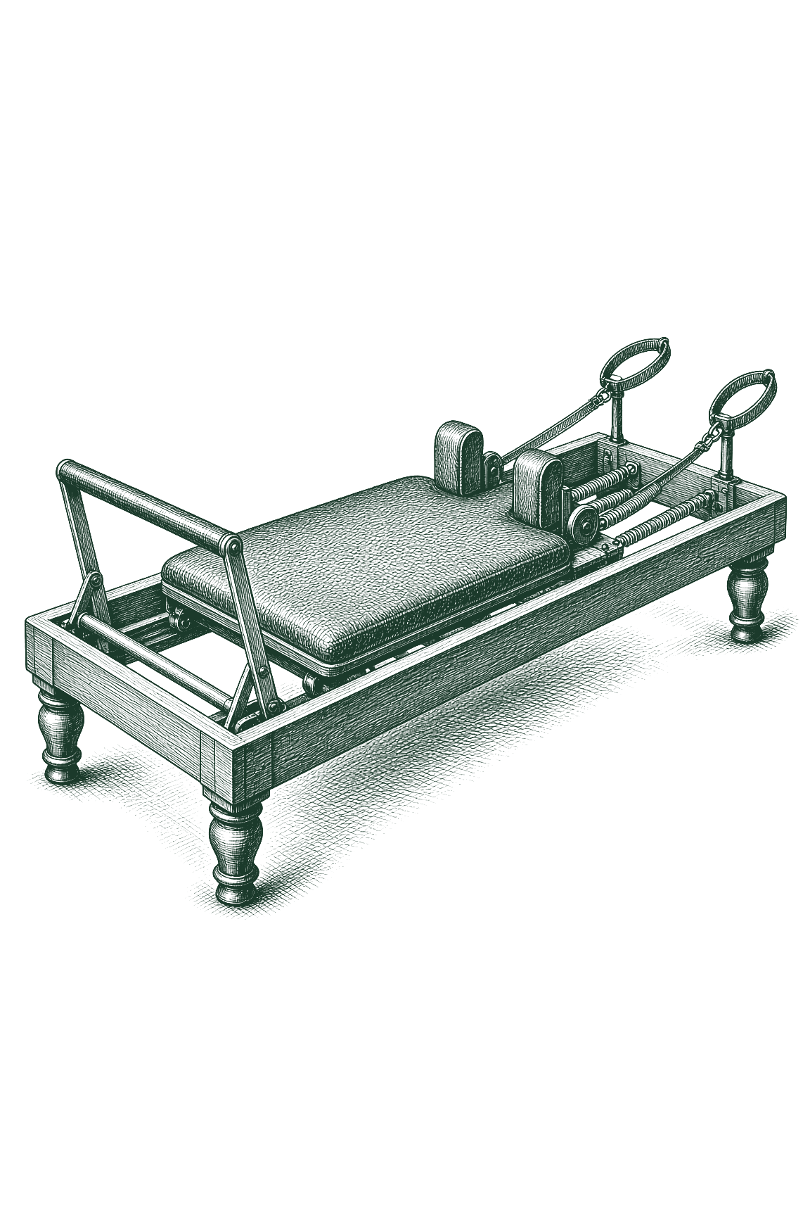Illustrated figure on a Reformer Pilates machine