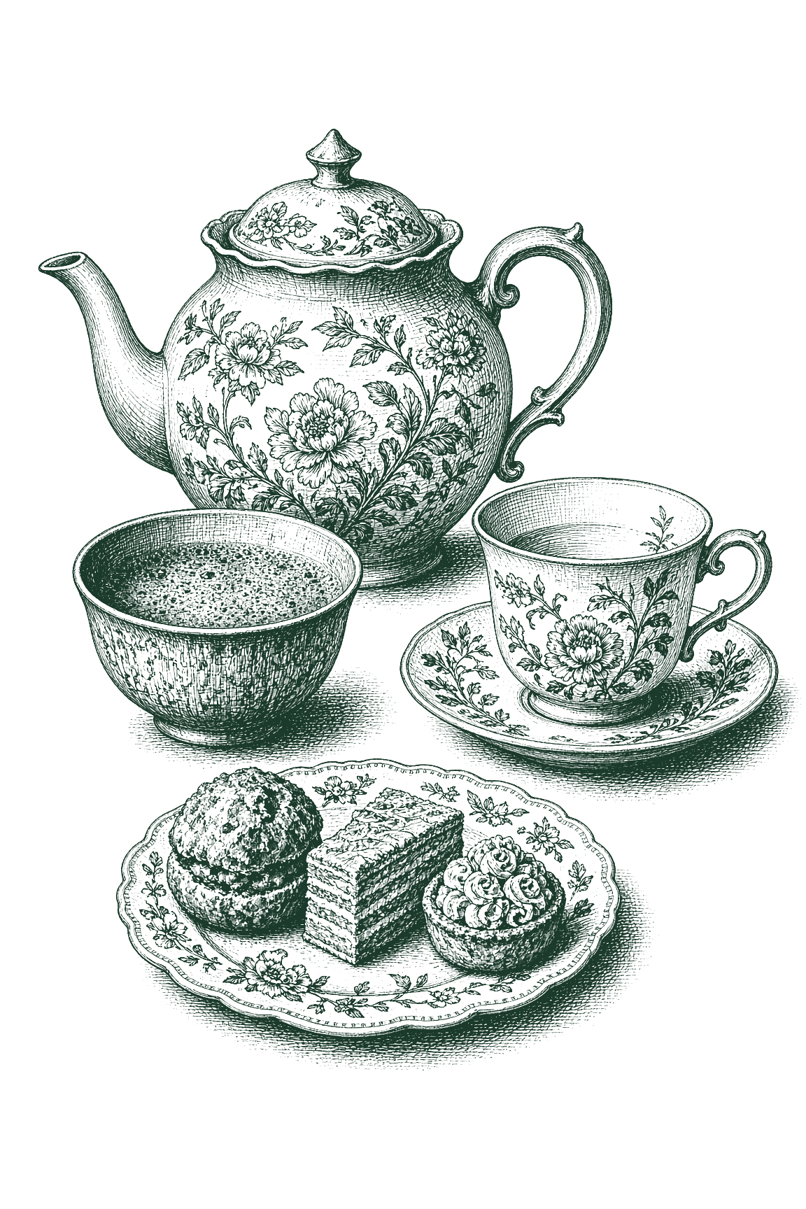 Illustrated teapot and cup for European-style tea service